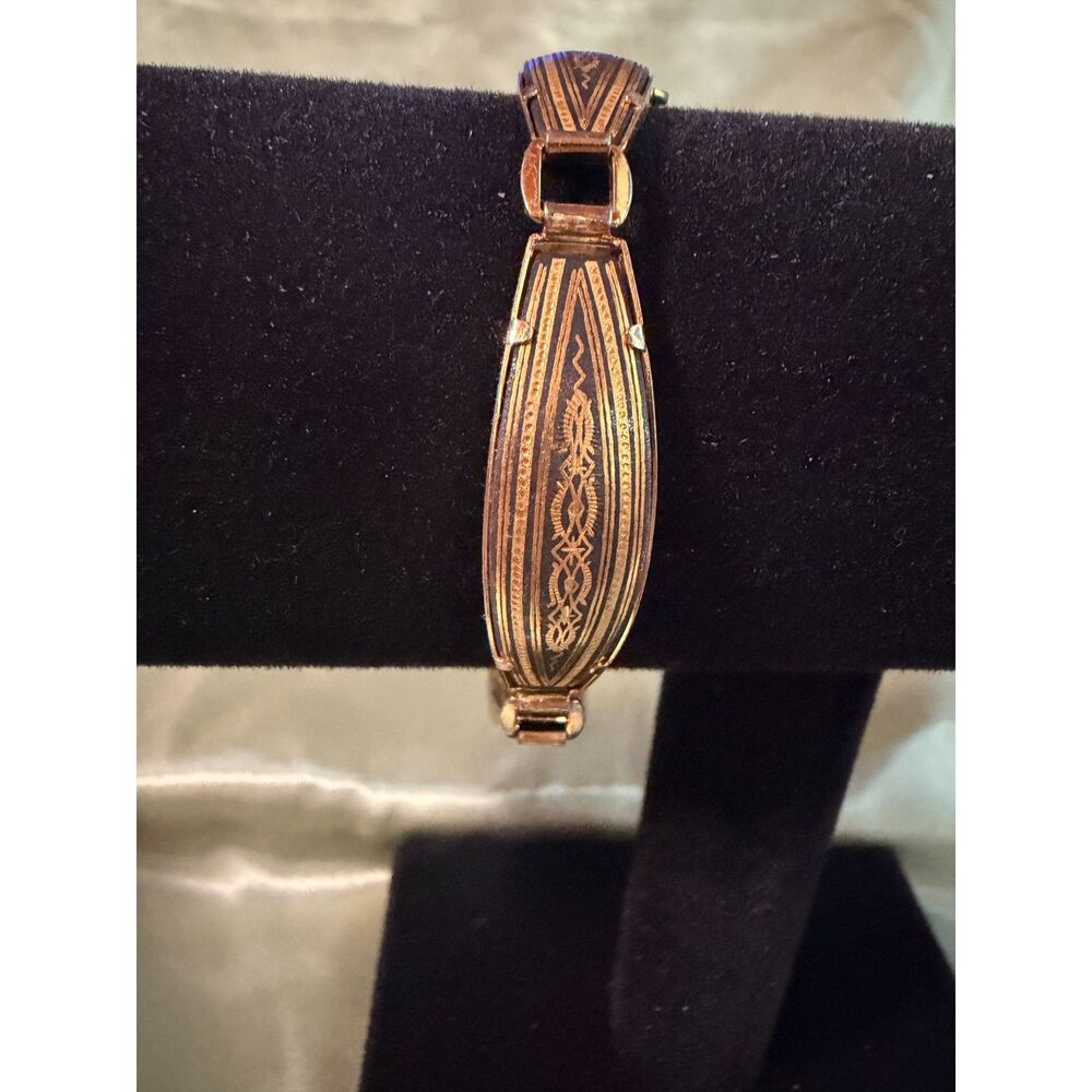 Vintage Midas Toledo Spain Damascene Bracelet 7 Inch Black Gold Inlay MCM
